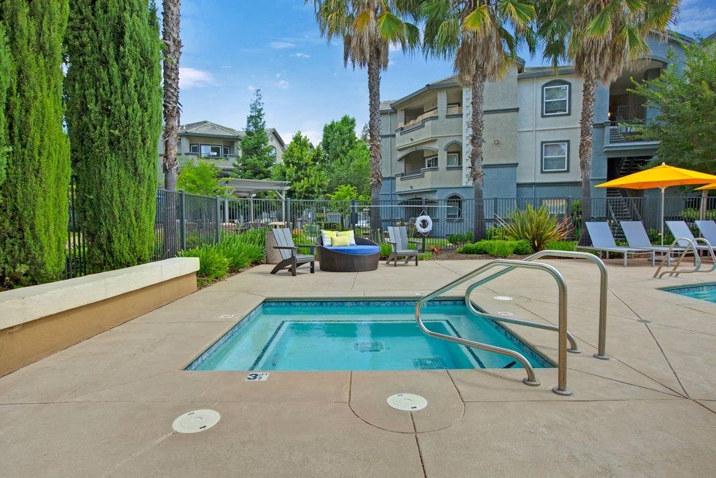 A pool surrounded by palm trees and a fence.