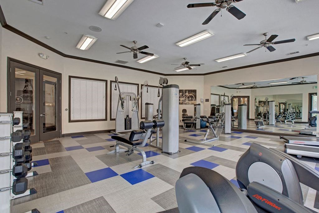 A gym with a variety of equipment including treadmills, weights, and exercise machines.