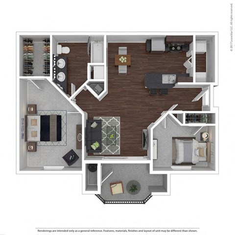 A floor plan of a house with a kitchen, living room, dining room, and two bedrooms.