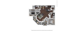 A floor plan of a house with a living room, dining room, kitchen, and two bedrooms.