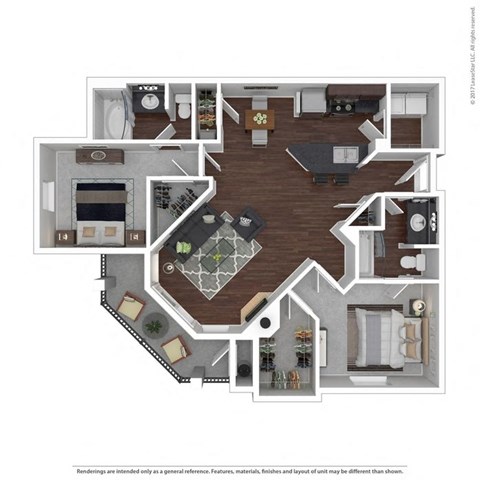 A floor plan of a house with a living room, dining room, kitchen, and two bedrooms.