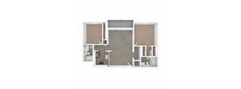 A floor plan of a small apartment with a kitchen, living room, and bathroom.