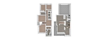 Two images of a house layout with a kitchen, living room, and bedrooms.