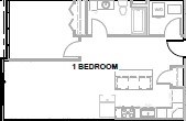 A floor plan of a small apartment with one bedroom.
