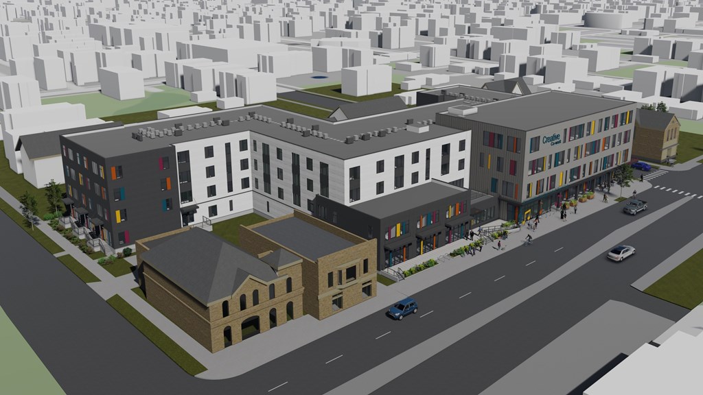 A 3D rendered image of a modern building complex.