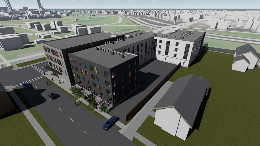 A 3D rendered image of a modern building complex.