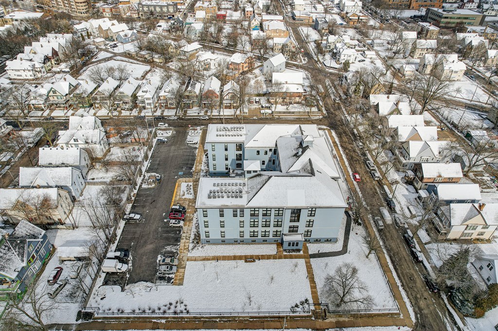 Aerial View of Building and Parking