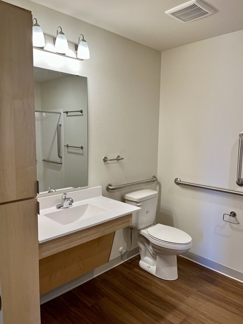 A white toilet sits next to a sink in a bathroom.