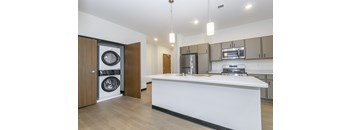 A modern kitchen with a white countertop and a washer and dryer in a cabinet.