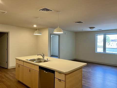 A kitchen with a sink and a dishwasher.
