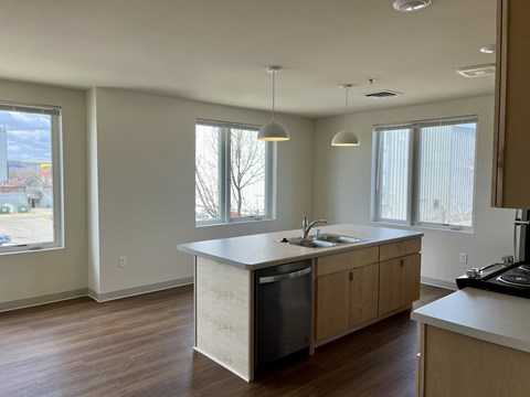 A kitchen with wooden floors and a large island with a dishwasher under it.