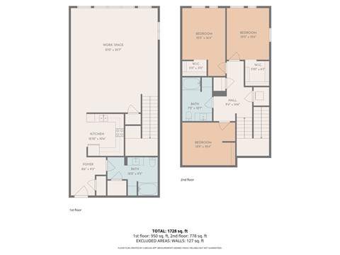 A floor plan of a two-story home with a workspace and two bedrooms.