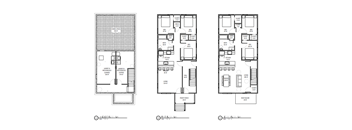 Three floor plans of a house with labeled rooms and dimensions.