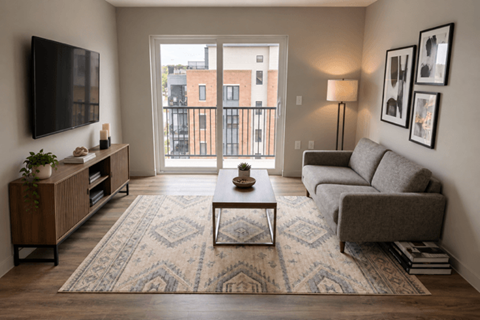 A living room with a grey couch, a coffee table, a television, and a large window with a view of a building outside.