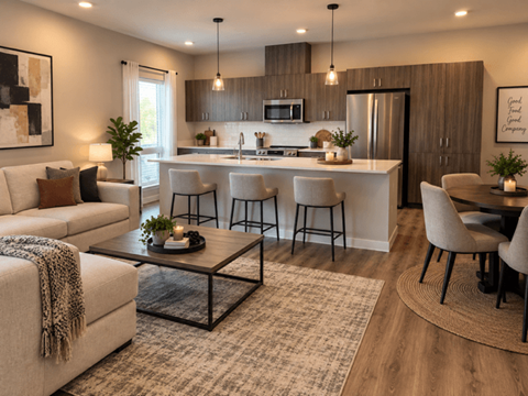 A modern kitchen with a dining area and a living room.