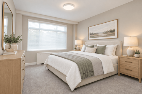 A bedroom with a large bed, a nightstand, and a dresser.