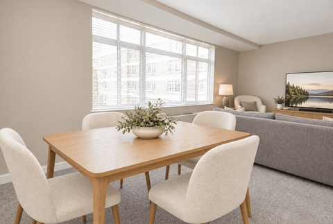A dining room with a wooden table and white chairs.