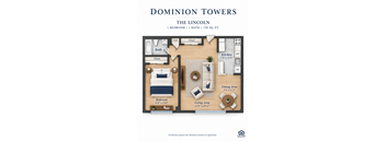 A floor plan of a one bedroom apartment in Dominion Towers.