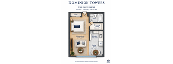 A floor plan for Dominion Towers shows the layout of a studio apartment.