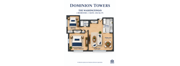 A floor plan of the Dominion Towers apartment, The Washingtonian, showing a living area, dining area, kitchen, two bedrooms, a bathroom, and a balcony.
