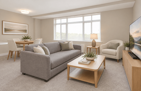 A living room with a grey couch, a wooden coffee table, and a painting on the wall.