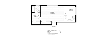 A black and white drawing of a floor plan for a 1 bedroom, 16-10 x 12-2 living area.