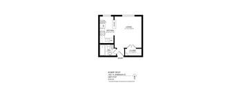 A black and white image of a floor plan for a living space.