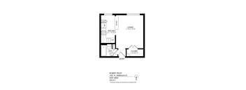 A black and white image of a floor plan for a one bedroom apartment.