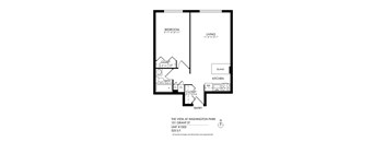 A floor plan of a one bedroom apartment at The Vista at Washington Park.