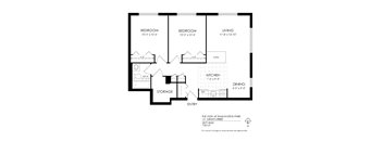 A black and white image of a floor plan for a home with two bedrooms, a living room, a kitchen, a dining room, and storage.