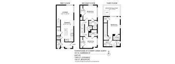A diagram of a three-story townhouse with floor plans for the first, second, and third floors.