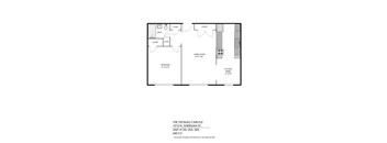 A floor plan of a one bedroom apartment with a living room and a kitchen.