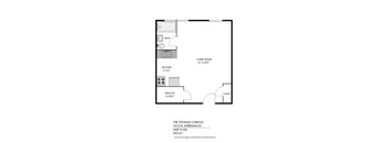 A floor plan of a one bedroom apartment with a living room, kitchen and bath.