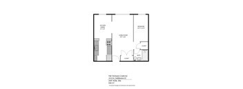 A floor plan of a one bedroom apartment with a living room and kitchen.