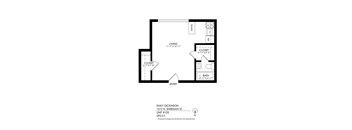 A black and white drawing of a floor plan for a one bedroom apartment.