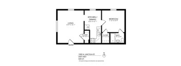 A black and white image of a floor plan for a one bedroom apartment.