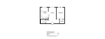 A black and white image of a floor plan for a one bedroom apartment.