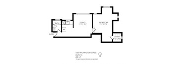 A black and white image of a floor plan for a one bedroom apartment.