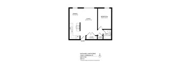 A floor plan of a one bedroom apartment with a living area and a dining area.