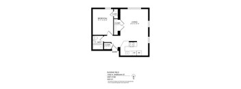 A black and white image of a floor plan for a 555 S F apartment.