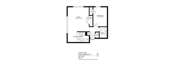A black and white image of a floor plan for a unit at Eugene Field Apartments.