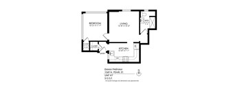 A black and white image of a floor plan for a home with a bedroom, living room, kitchen, and bathroom.