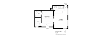 A black and white image of a floor plan for a living space.