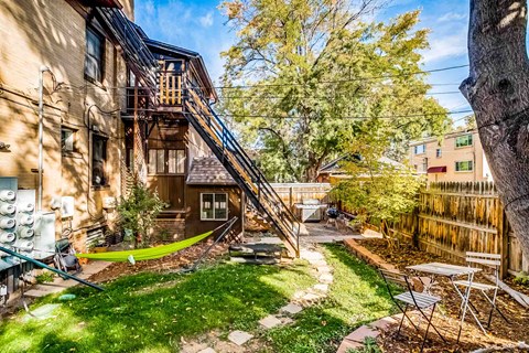A backyard with a hammock and a tree.
