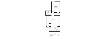 A black and white drawing of a floor plan for a one bedroom apartment.