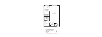 A floor plan of an apartment with a kitchen, dining area, bathroom, closet, and living room.