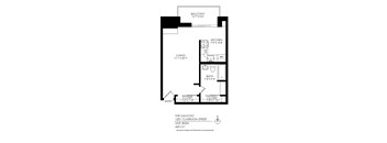 A floor plan of an apartment with a living room, kitchen, bathroom and balcony.
