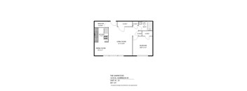 A floor plan of a one bedroom apartment with a living room, dining room, kitchen and bathroom.