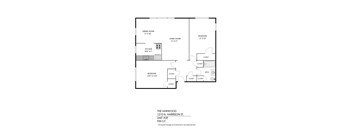 A floor plan of a unit with a kitchen, living room, dining room, and two bedrooms.