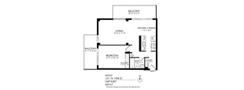 A drawing of a house layout with a living room, kitchen, dining room, and two bedrooms.